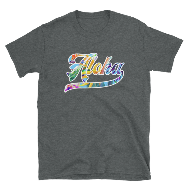 Aloha Script ~ Floral with White Border *ADULT SHORT SLEEVE*