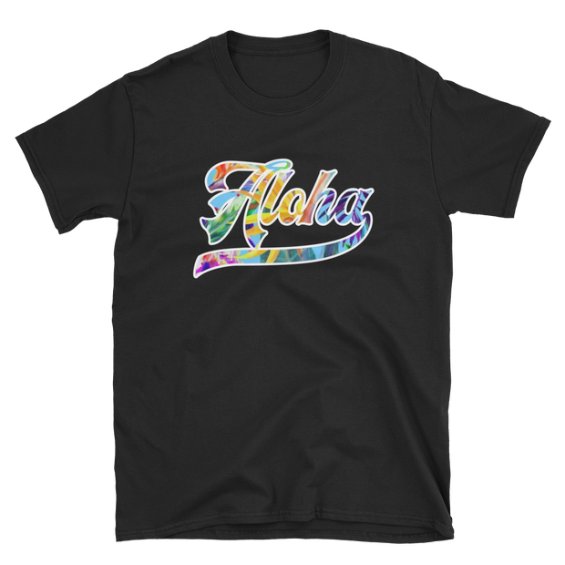 Aloha Script ~ Floral with White Border *ADULT SHORT SLEEVE*