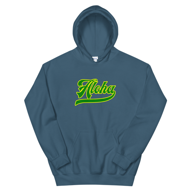 Aloha Script ~ Green with Yellow Border *ADULT HOODIE*