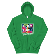 POLY HAIR, Don't Care - White Border *ADULT HOODIE*