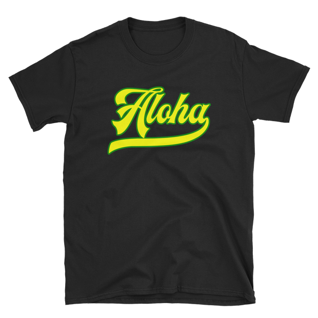 Aloha Script ~ Yellow with Green Border *ADULT SHORT SLEEVE*