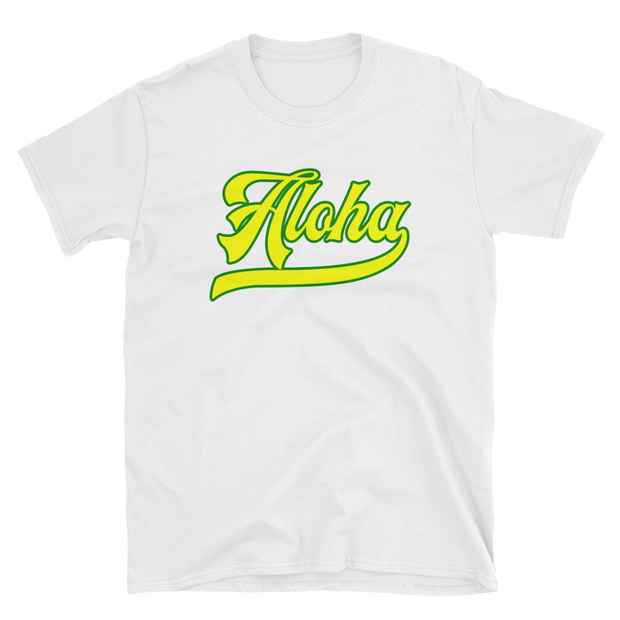 Aloha Script ~ Yellow with Green Border *ADULT SHORT SLEEVE*