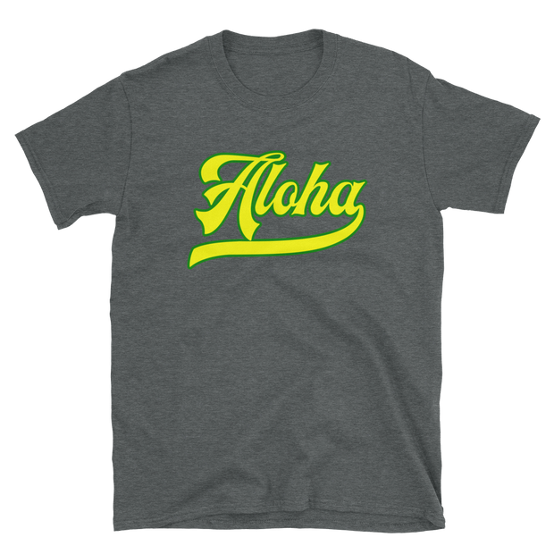 Aloha Script ~ Yellow with Green Border *ADULT SHORT SLEEVE*