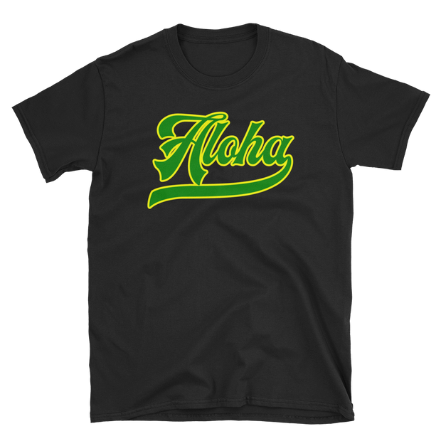 Aloha Script ~ Green with Yellow Border *ADULT SHORT SLEEVE*