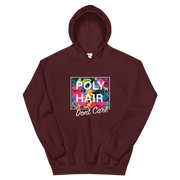 POLY HAIR, Don't Care - White Border *ADULT HOODIE*