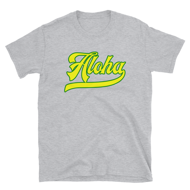 Aloha Script ~ Yellow with Green Border *ADULT SHORT SLEEVE*