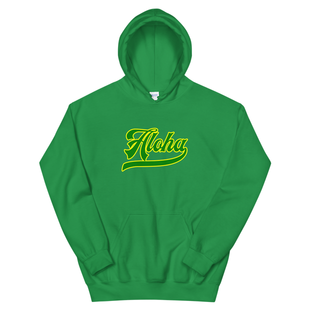 Aloha Script ~ Green with Yellow Border *ADULT HOODIE*