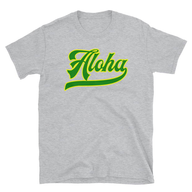 Aloha Script ~ Green with Yellow Border *ADULT SHORT SLEEVE*