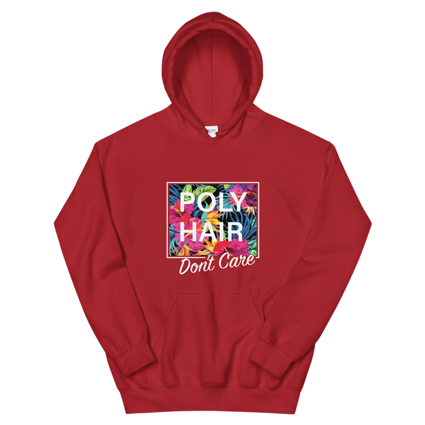 POLY HAIR, Don't Care - White Border *ADULT HOODIE*